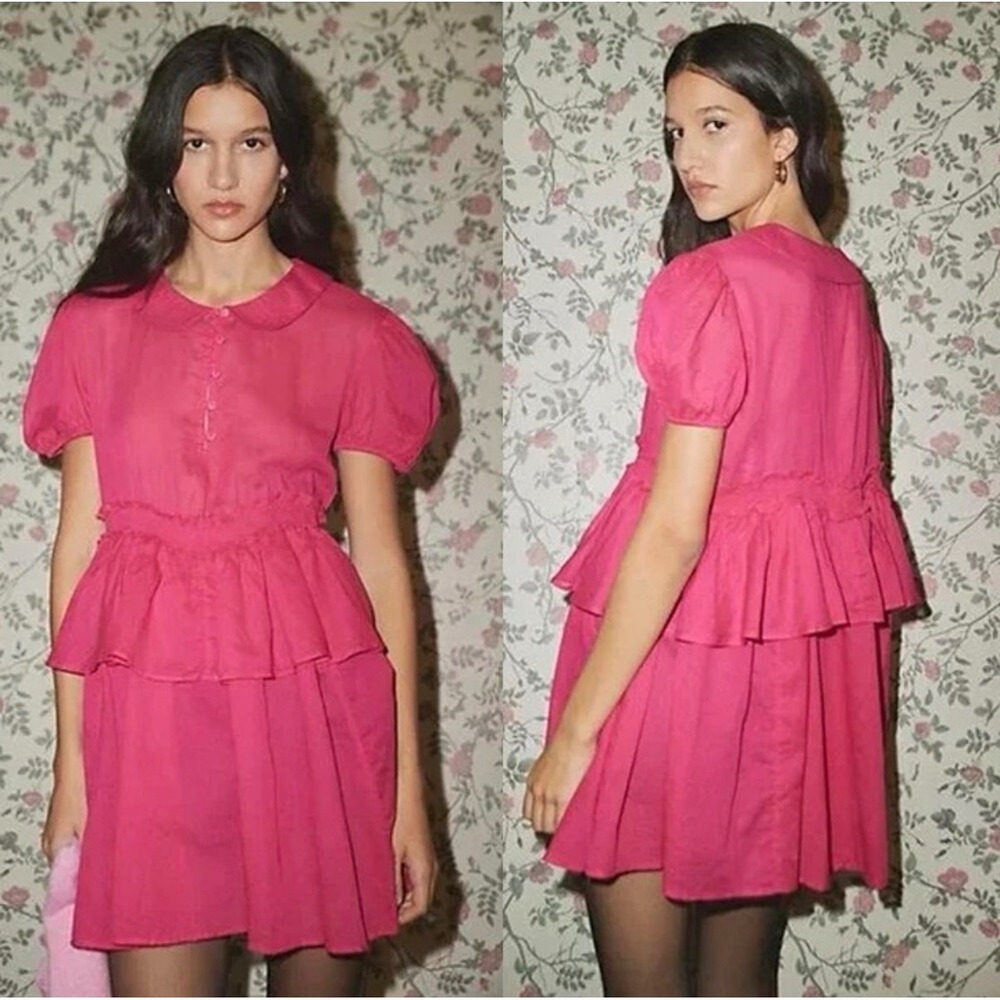 NWT Kimchi Blue Hot Pink Peter Pan Collar Tiered Ruffle Mini Dress XS Coquette